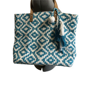 Boho Woven Tote Bag with Tassels – Teal & White